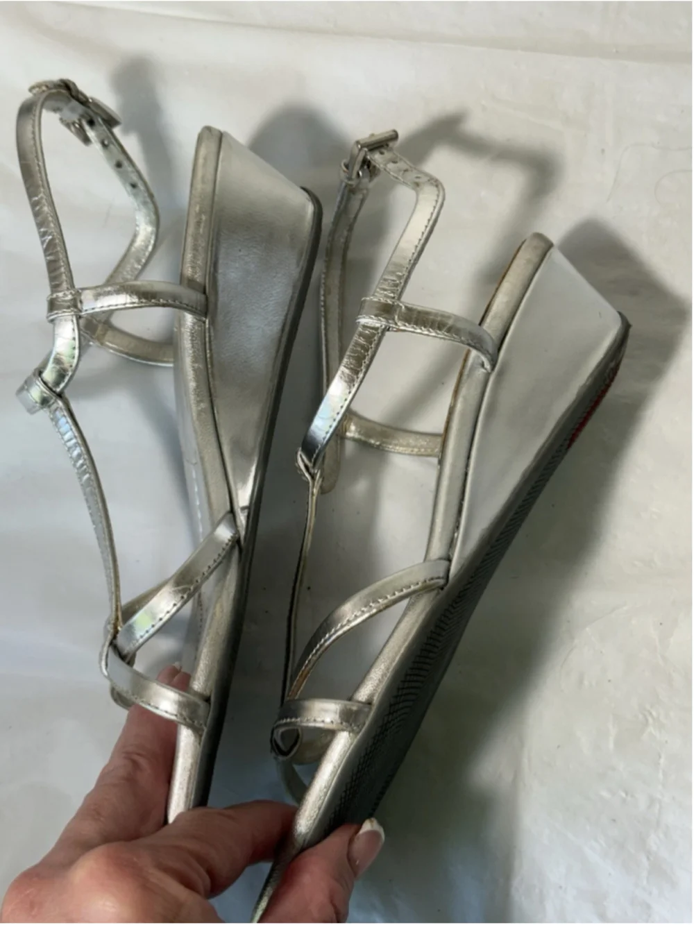 PRADA, Wedge Sandals, Silver Leather, size 6 1/2